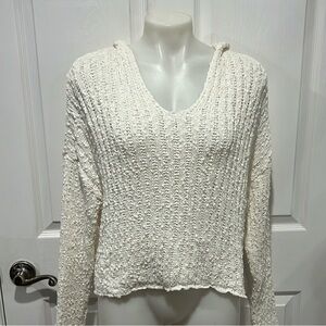 L*Space cream Olympia v neck hooded open knit cotton sweater size Small